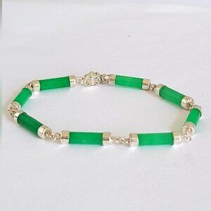 Luxury Boho Dyed Green Jade Tube Link Sterling Silver Chain Bracelet 7.5 inch